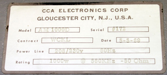 CCA AM 1000D name plate, WCKL Catskill, NY