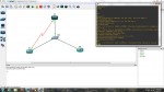 GNS3 screen shot, topology and router console
