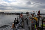 Bucket Trucks and Landing Craft ATT bucket trucks, , mobilized via landing craft to Pleasure Beach
